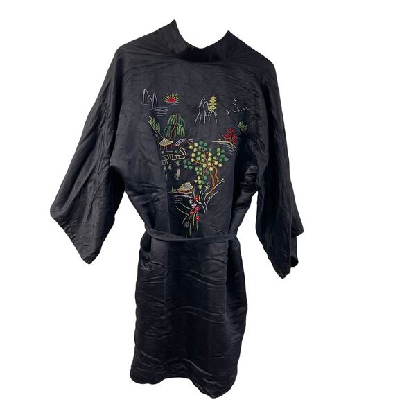 Golden Dragon Embroidered Kimono Robe Black Large Vintage Tie - Picture 7 of 9